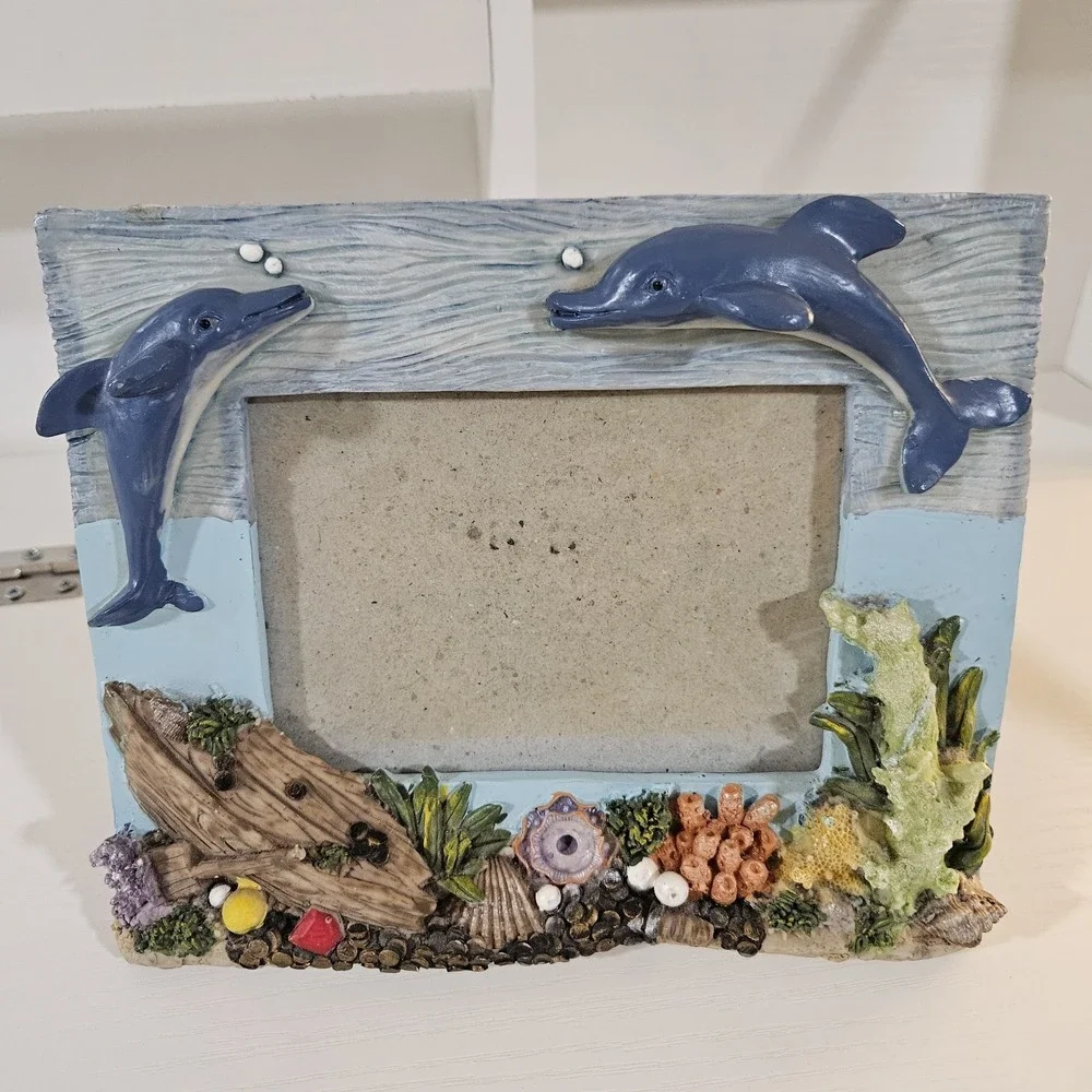 Vintage Dolphin Ocean Reef Resin Picture Frame 3D Coral Shipwreck 3.5x5 4x6...